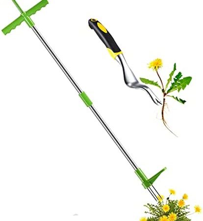 Standing Weed Puller Stand Up Weeders Tool with Long Handle - Stand Up Weed-Picker Weed Removal Plucker Dandelion Puller - 3 Claws Root Rake Manual Weeding Tool for Garden Yard Lawn Care