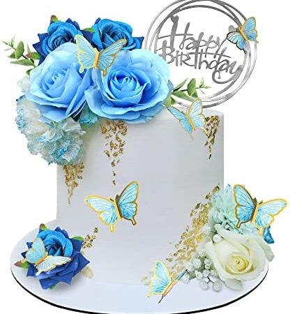 19 PCS Flower Cake Toppers Butterfly Cake Decorations Happy Birthday Cake Toppers with Artificial Blue Rose Flowers Eucalyptus Butterflies for Birthday Party Wedding Baby Shower Supplies (Blue)
